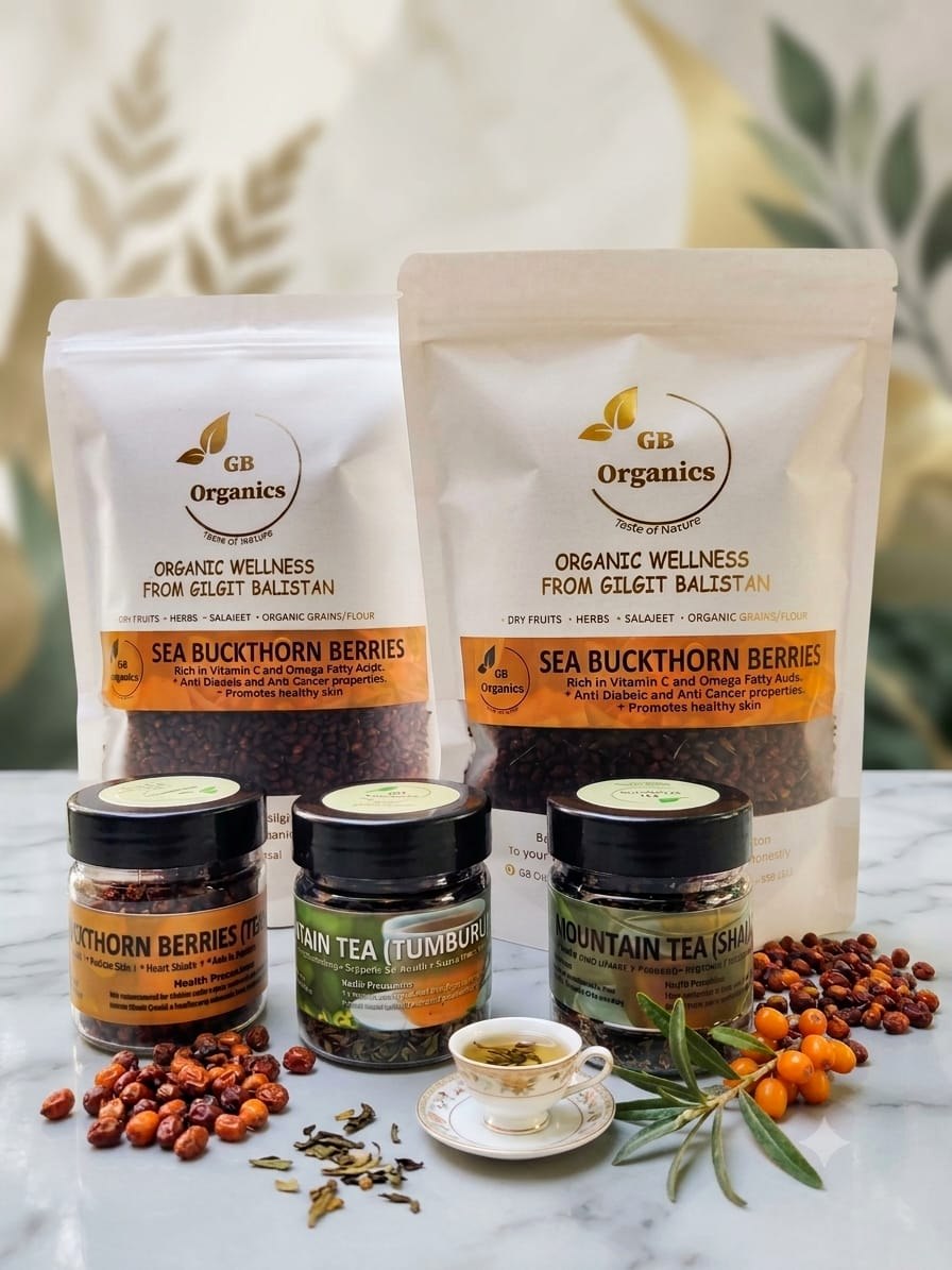 GB Organics sea buckthorn range — berries, Tumburu and Shai mountain teas
